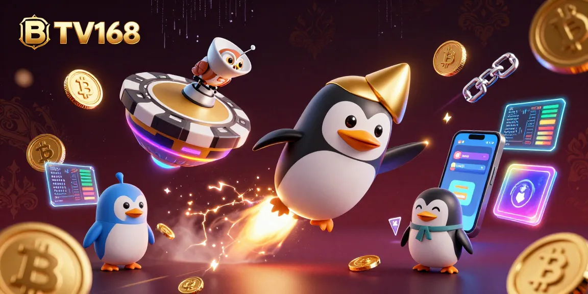 BTV168 features a golden penguin spaceship heading to a giant poker chip casino in a vibrant 3D scene.