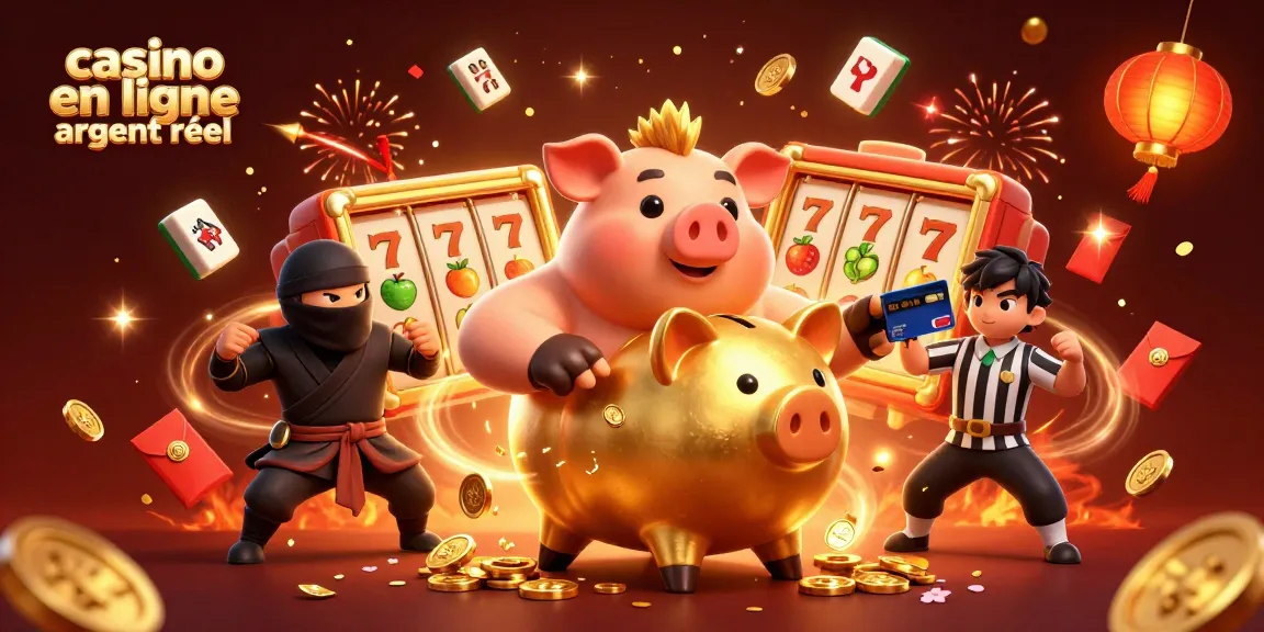 Joue au casino en ligne argent réel avec un sumo, un ninja et un samouraï dans une scène festive.