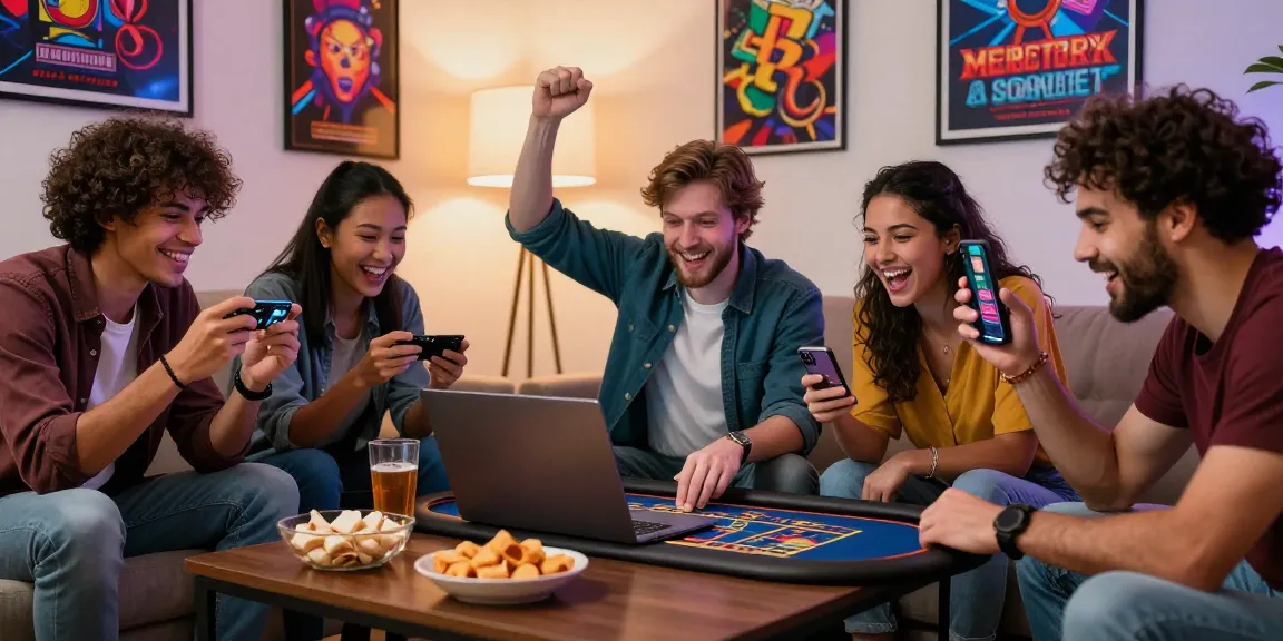 Friends enjoying a gaming night with credit card casinos, celebrating wins in a cozy living room.