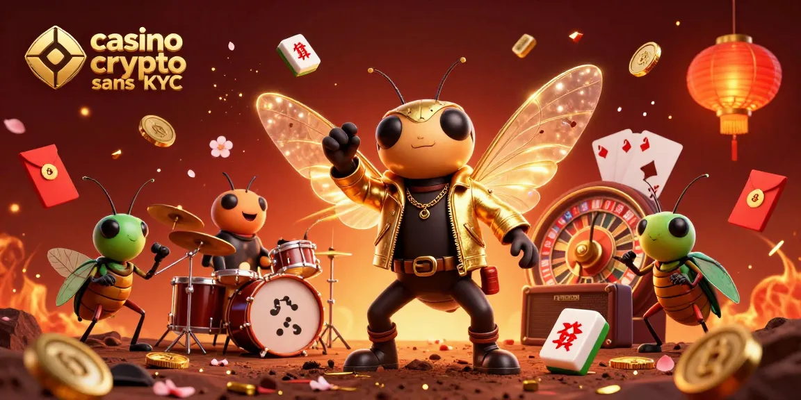 Illustration dynamique évoquant un casino crypto sans KYC avec un rock star cicada et des éléments de jeu.