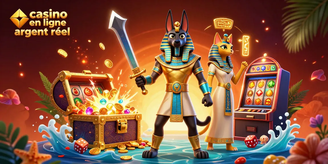 Profitez des jeux de casino en ligne argent réel avec Anubis et Bastet dans une scène dynamique.