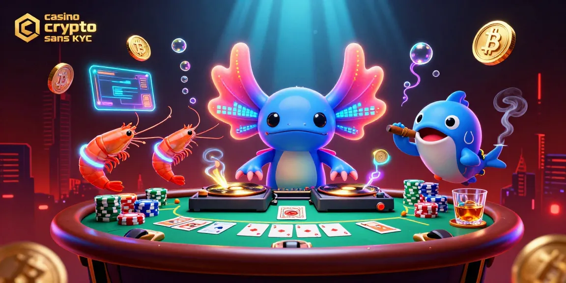 Illustration dynamique d'un DJ axolotl de casino crypto sans KYC entouré de personnages marins colorés.