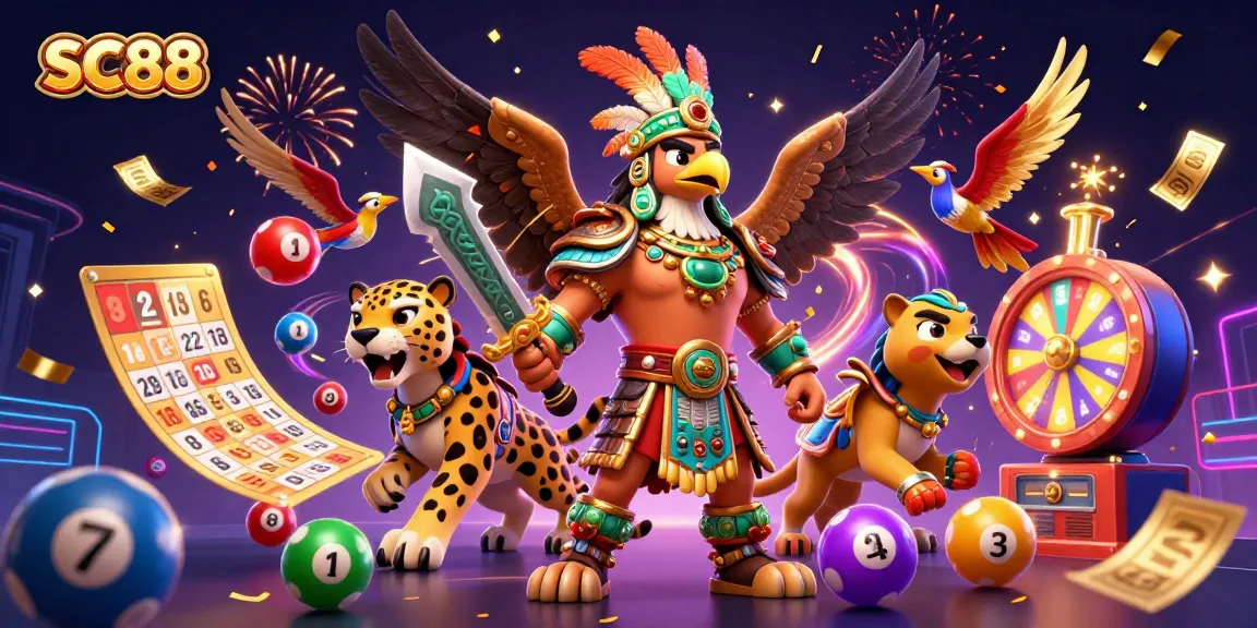 Engage with SC88 through a vibrant 3D illustration showing a dynamic Aztec casino scene filled with lottery excitement.